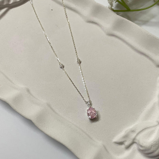 Pink Solitaire Drop 925 Sterling Silver Chain Pendant - iAMORY