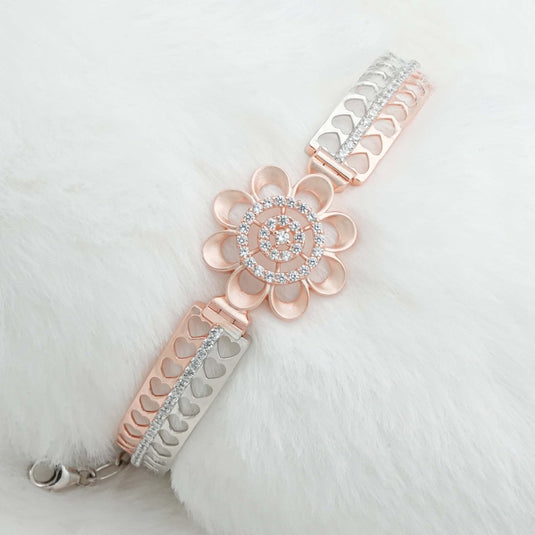 Rose Gold & Silver Flower CZ Kada For Women - iAMORY
