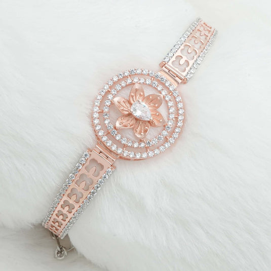 Rose Gold & Silver Flower Design CZ Kada For Women