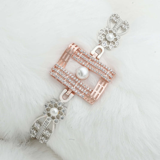 Rose Gold & Silver Pearl Rectangle Kada For Women