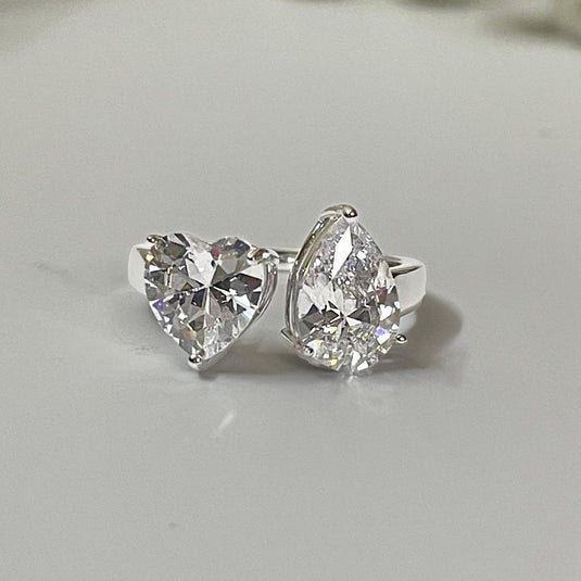 Toi et Moi Heart & Pear Cut CZ Solitaire 925 Sterling Silver Ring - iAMORY