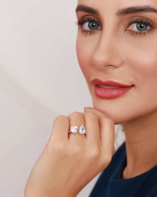 Toi et Moi Heart & Pear Cut CZ Solitaire 925 Sterling Silver Ring - iAMORY