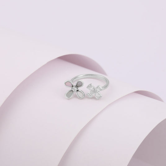 Moonpetal & Crystal Bloom 925 Sterling Silver Ring