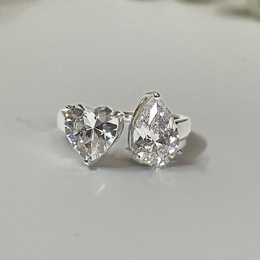 Toi et Moi Heart & Pear Cut CZ Solitaire 925 Sterling Silver Ring