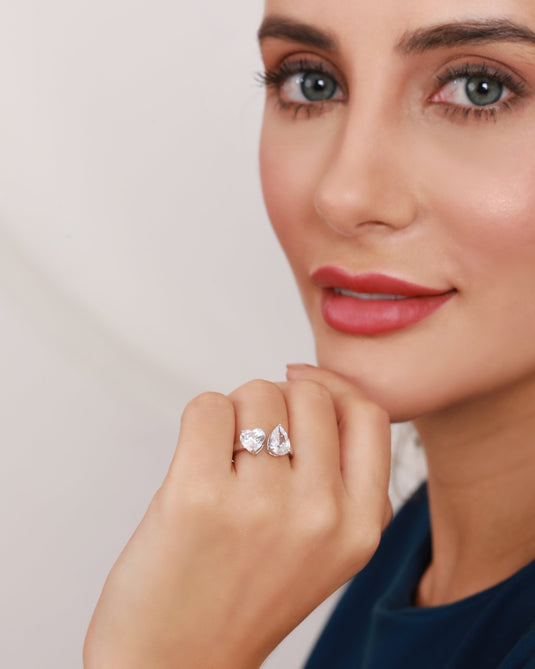 Toi et Moi Heart & Pear Cut CZ Solitaire 925 Sterling Silver Ring Model 