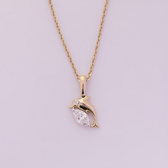 Dolphin Lab-grown Diamond Pendant with Chain – 14Kt Yellow Gold