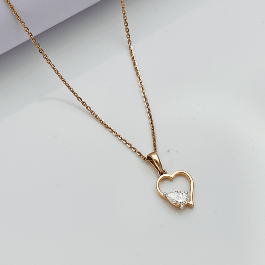 Heart Shaped Chain Pendant with Pear Solitaire– 14KT Rose Gold - iAMORY
