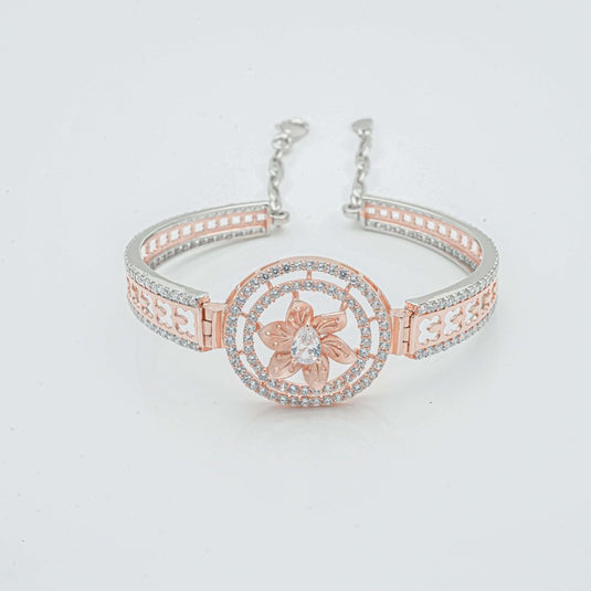 Rose Gold & Silver Flower Design CZ Kada For Women