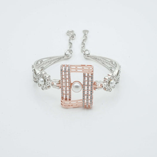 Rose Gold & Silver Pearl Rectangle Kada For Women