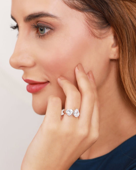 Toi et Moi Heart & Pear Cut CZ Solitaire 925 Sterling Silver Ring - iAMORY
